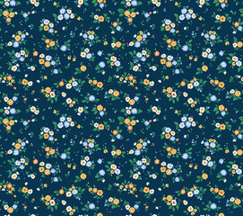 Floral pattern. Pretty flowers on dark blue background. Printing with small white, yellow and blue flowers. Ditsy print. Seamless vector texture. Spring bouquet. Stock vector.
