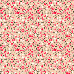 Trendy seamless vector floral pattern. Endless print made of small white and pink flowers. Summer and spring motifs. Rose coral background. Stock vector illustration.