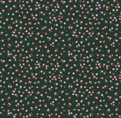 Beautiful vintage floral pattern in small abstract flowers. Small lilac and pink flowers. Dark green background. Floral seamless background. The elegant the template for fashion prints.