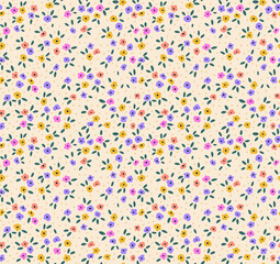 Fototapeta na wymiar Cute floral pattern in the small flower. Seamless vector texture. Elegant template for fashion prints. Printing with small colorful flowers. Ivory beige background. Stock print.