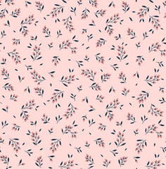Fototapeta na wymiar Vector seamless pattern. Pretty pattern in small flower branches with berries. Small pink flowers. Rose pink background. Ditsy floral background. The elegant the template for fashion prints. 