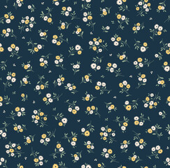 Cute seamless vector floral pattern. Endless print made of small yellow and white flowers. Summer and spring motifs. Dark blue background. Stock vector illustration.