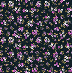 Fototapeta na wymiar Cute seamless vector floral pattern. Endless print made of small purple and lilac flowers. Summer and spring motifs. Black background. Stock vector illustration.