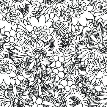 seamless vector floral pattern with stylized sunflowers, leaves and other flowers