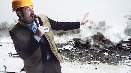 Terrified man, news agent, journalist having online stream from place, giving full description of...