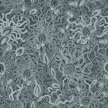 gray monochrome seamless vector pattern with fantastic curly