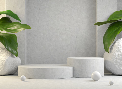 3d Rendering Step Concrete Display Podium, Leaf Rock Cement Wall Background
