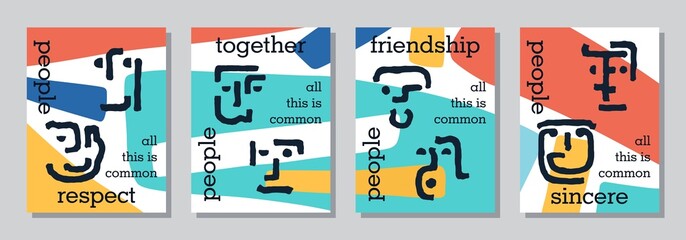 Naklejka premium Positive posters about human relationships. Respect, sincere, together, friendship. Stylized abstract images of different people. Vector graphics