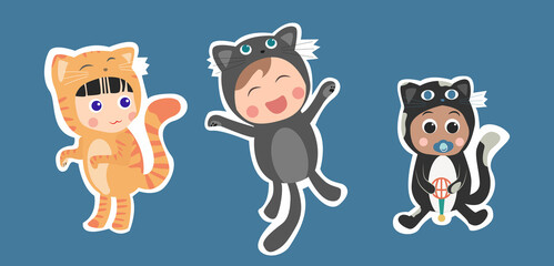 cute costume cat sticker collection set cartoon style flat design