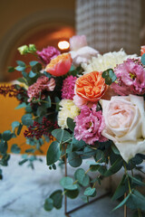 beautiful modern flower arrangement on a table of light flowers. floral decor