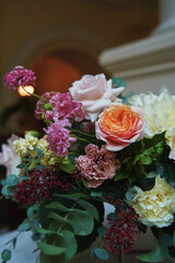 beautiful modern bouquet of unusual light flowers. beautiful floral decorations. floral background