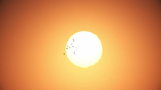 Flock of birds flying in the sky and sun heat aura effect in background with 3d rendering.