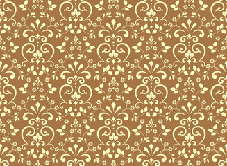 Wallpaper in the style of Baroque. Seamless vector background. Gold and yellow floral ornament. Graphic pattern for fabric, wallpaper, packaging. Ornate Damask flower ornament
