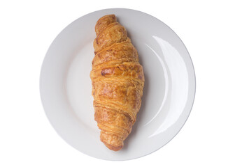 Top view of delicious french croissant on white plate isolated on white background, crisp pastry bread
