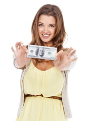 Its on me. Studio shot of a beautiful young woman holding out a dollar bill.