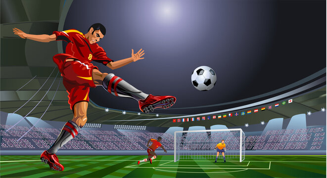 soccer or football player is kicking ball on stadium