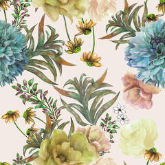 Watercolor painting of leaf and flowers, seamless pattern background