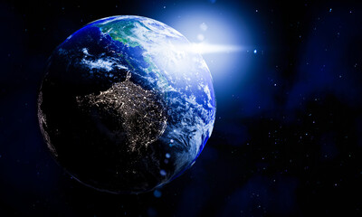 planet earth images view from space with sun rays from the edge of the world. Concept images of science and astronomy from outer space and stars in space. 3D rendering.
