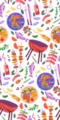 Seamless pattern with BBQ items, grilled food.  Grill party. Vector illustration.