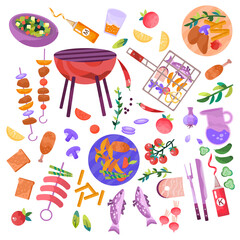 Set with  BBQ stuff and food. Summer time grill fun. Isolated objects on white background. Vector illustration.