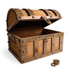 Old and broken vintage pirate treasure chest. Rotten and broken. For storing valuables Made of cracked wood And rusted metal texture  on white background and wallpaper.3D Rendering.
