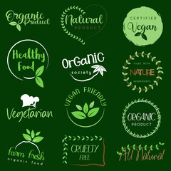 Minimal organic food, gluten free, eco and natural products stickers, logo, badge, label and stamp 
for food market.