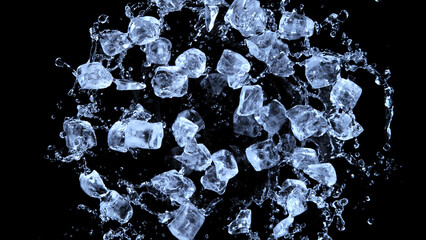 Freeze motion of flying ice cubes.
