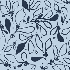 Abstract botanical repeating pattern in blue tones 