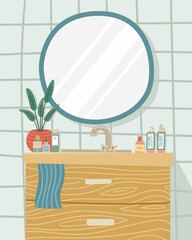 Vector illustration of a cabinet with a sink and a mirror on the wall. Bathroom with care and makeup products.