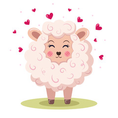 Cute happy sheep with pink hearts and light pink dots. Emotions, love. Spring or summer illustration on a white isolated background. Suit for postcard, book.