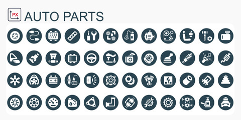 A set of vector icons and logos with car parts, batteries, transmissions, electrical equipment, engines and other special equipment. Car service. Auto parts store. Flat design. Isolated, editable. 