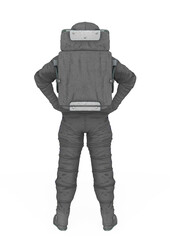 astronaut explorer is doing a super hero pose on white background rear view