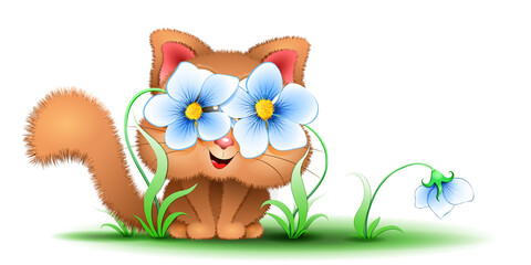 Ginger funny cat sitting outdoor with flowers