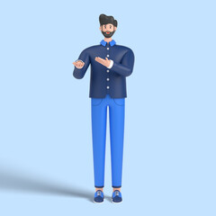 3d male character pointing away hands together and showing or presenting something while standing and smiling.