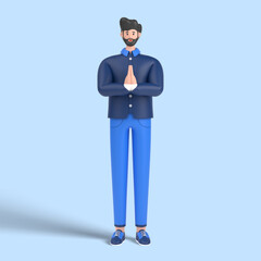 3d male character greeting with hands together. saying namaste gesture sign