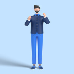 3d male character is celebrating victory, expressing positive emotion. Successful smiling