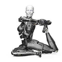Fototapeta premium amazing robot is doing a king pigeon yoga pose