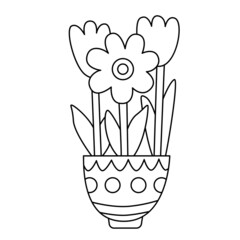 Spring flowers in a pot. Doodle hand drawn vector illustration black outline. Great for Easter greeting cards, coloring books.se