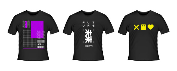 Apparel Collection, T-shirt set with Cyberpunk Designs, Futuristic Prints. Inspired by Japanese culture. For video game fans.