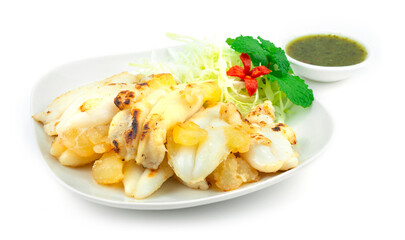 Grilled Squids Roe served Chili Spicy Seafood Sauce