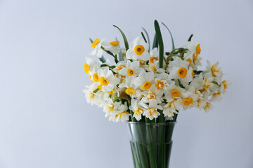 A bouquet of white daffodils in glass vase on the table, natural sunlight. Narcissus flowers in minimal close up composition with visible petal texture. Background, copy space top view.