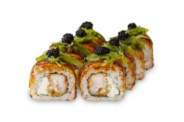 Sushi roll with fried shrimp, Philadelphia cheese, chuka salad, tobiko caviar. Isolated on white background