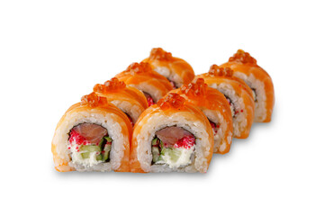sushi roll with salmon, philadelphia cheese, cucumber, red caviar. Isolated on white background