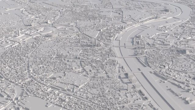 Flight over a white 3D model of Cologne. Slight rotation with the Cologne Cathedral in focus.