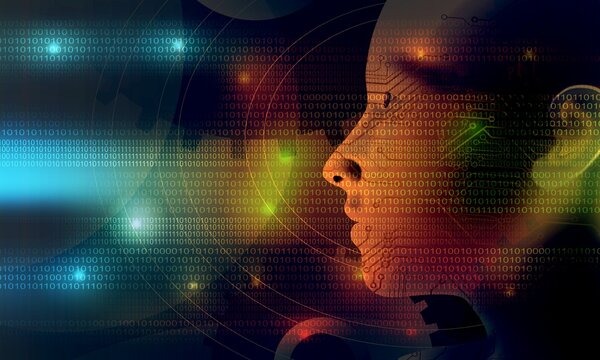 Binary matrix code on the screen. numbers of the computer matrix. The concept of coding, circuit. Cogs gears industrial business background. background integration. technology banner background.