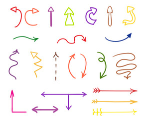 Colored infographic elements on isolated white background. Hand drawn simple arrows. Line art. Set of different pointers. Abstract indicators