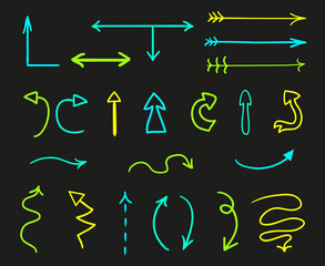 Colored infographic elements on isolated black background. Hand drawn simple arrows. Line art. Set of different pointers. Abstract indicators. Doodles for work. Art creation