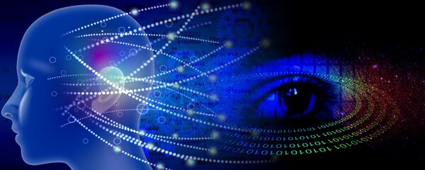 Binary Code Background, artificial intelligence Digital eye Abstract technology background. Java, coding.