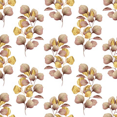 Seamless pattern of autumn brown and gold leaves on white background