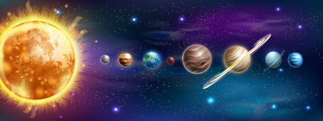 Solar system planet background, vector sun galaxy astrology Earth, Jupiter, Saturn infographic poster. Universe astronomy map, stars, cosmos, education realistic school banner. Solar system clipart © Oleksandra